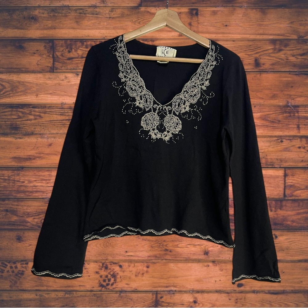 5 for $25🔥ICE Cream Embroidered Beaded Black Sweater Blouse Size 14